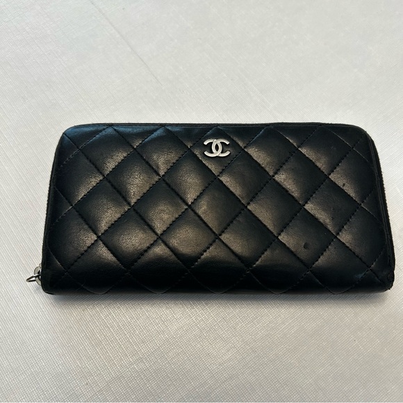 CHANEL Handbags - Authentic Chanel Lambskin Leather Quilted Black ZIP Around Wallet S# 20269630